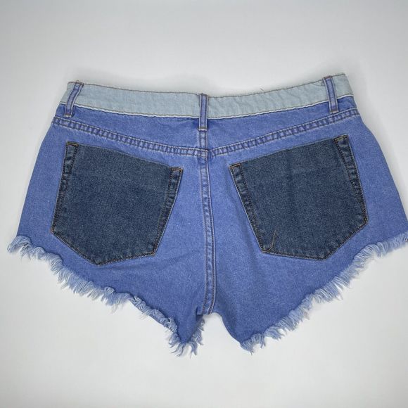 Jean Shorts Women 6 Blue Denim Color Block The Frayed Distressed Patch Cotton On - Picture 2 of 8